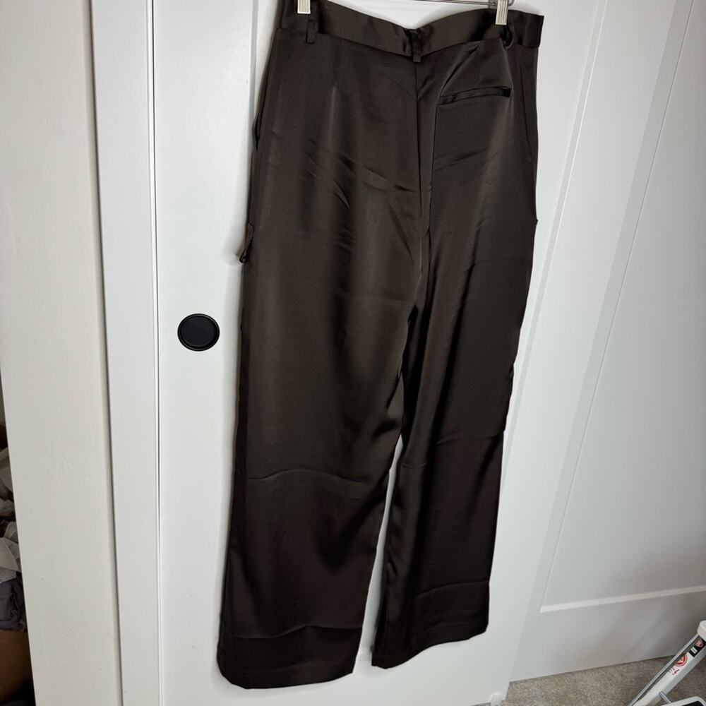The Noli Shop Milan Satin Dark Brown Cargo Wide Leg Pants Size 12 - Picture 6 of 6